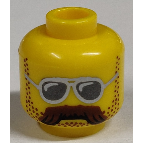 Minifigure, Head Glasses with Silver Sunglasses, Moustache Brown Bushy and Stubble Pattern - Hollow Stud
