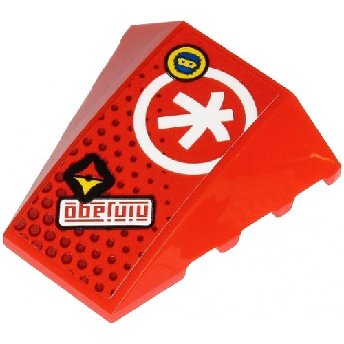 Wedge 4 x 4 No Studs with Red 'ninjago', White Ninjago K Symbol in Circle and Face on Yellow Circle Pattern (Sticker) - Set 71707