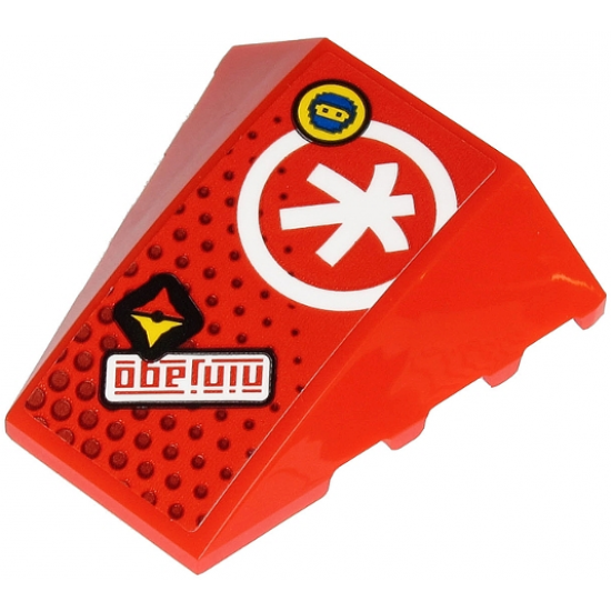 Wedge 4 x 4 No Studs with Red 'ninjago', White Ninjago K Symbol in Circle and Face on Yellow Circle Pattern (Sticker) - Set 71707