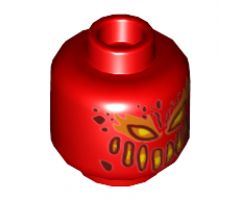 Minifigure, Head Alien Dark Red, Yellow and Orange Eyes, Wide Mouth, Dark Red Spots and Flames on Back Pattern - Hollow Stud