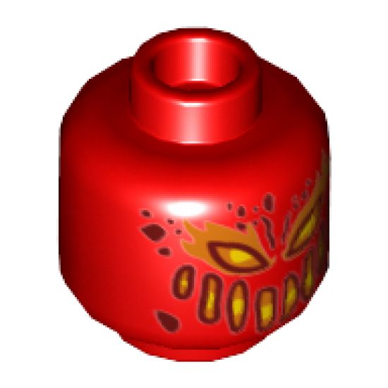 Minifigure, Head Alien Dark Red, Yellow and Orange Eyes, Wide Mouth, Dark Red Spots and Flames on Back Pattern - Hollow Stud