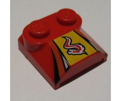 Slope, Curved 2 x 2 x 2/3 with Two Studs and Curved Sides, Lip End with Red/White Flame on Yellow, Black Stripes Pattern