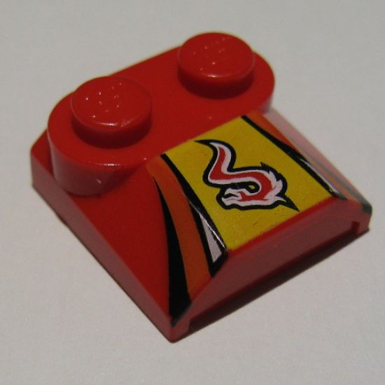 Slope, Curved 2 x 2 x 2/3 with Two Studs and Curved Sides, Lip End with Red/White Flame on Yellow, Black Stripes Pattern
