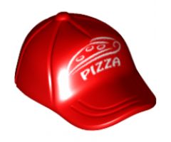 Minifigure, Headgear Cap - Short Curved Bill with Seams and Button on Top with White 'PIZZA' and Pizza Slice Pattern