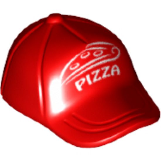 Minifigure, Headgear Cap - Short Curved Bill with Seams and Button on Top with White 'PIZZA' and Pizza Slice Pattern
