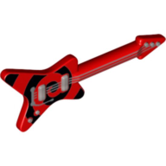 Minifigure, Utensil Guitar Electric 'ML' Type with Black Spiral on Body and Silver Strings, Bridge and Whammy Bar Pattern
