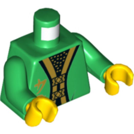 Torso Ninjago Robe with Gold Trim and Symbols over Black Shirt with Gold Dots Pattern / Green Arms / Yellow Hands