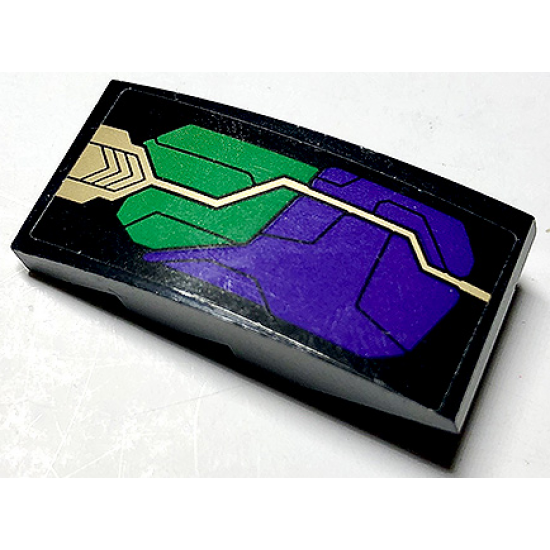 Slope, Curved 4 x 2 with Dark Purple and Green Armor Plates and Gold Circuitry Pattern Model Left Side (Sticker) - Set 76097