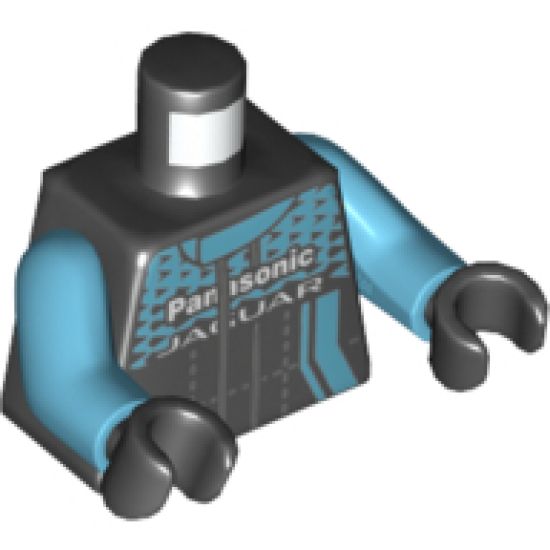 Torso Speed Champions Jumpsuit, Medium Azure Top Panel and Stripe, Black Triangles and White 'Panasonic JAGUAR' Pattern / Medium Azure Arms / Black Hands