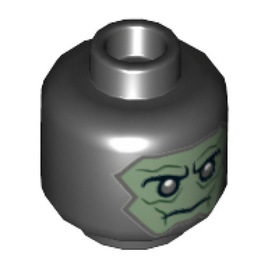 Minifigure, Head Dual Sided Alien Balaclava with Sand Green Skin, Dark Gray Eyes, Neutral / Angry Open Mouth with Teeth Pattern - Hollow Stud