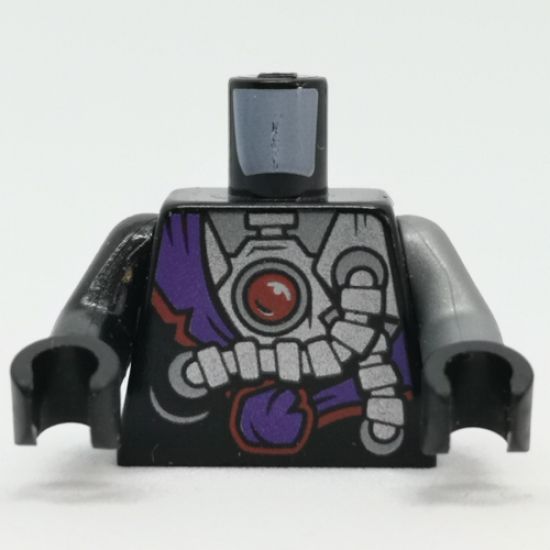 Torso Ninjago Robe with Purple Sash with Knot, Mechanical Parts and Silver Saw Blade Pattern / Flat Silver Arm Left / Black Arm Right / Black Hands