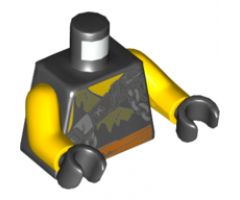 Torso Ninjago Broken Chain, Olive Green Stitched Tattered Shirt Fragment, Orange Sash Pattern / Yellow Arms / Black Hands