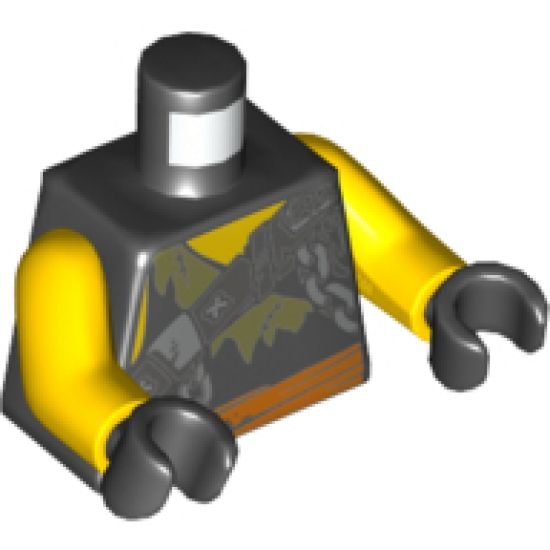Torso Ninjago Broken Chain, Olive Green Stitched Tattered Shirt Fragment, Orange Sash Pattern / Yellow Arms / Black Hands