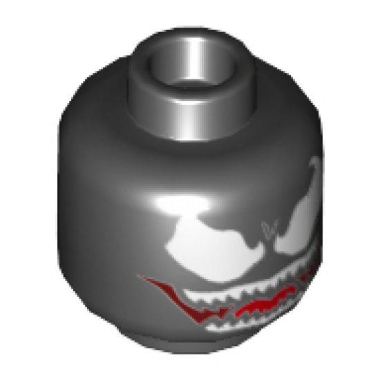 Minifigure, Head Alien with Large White Eyes and Wide Grin with Sharp White Teeth, Red Tongue and Dark Red Mouth Pattern (Venom) - Hollow Stud