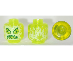 Minifigure, Head Alien Ghost with Yellowish Green Face, Slime Mouth, Raised Eyebrows and Flames in Back Pattern - Vented Stud