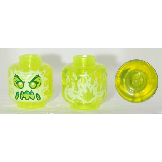 Minifigure, Head Alien Ghost with Yellowish Green Face, Slime Mouth, Raised Eyebrows and Flames in Back Pattern - Vented Stud