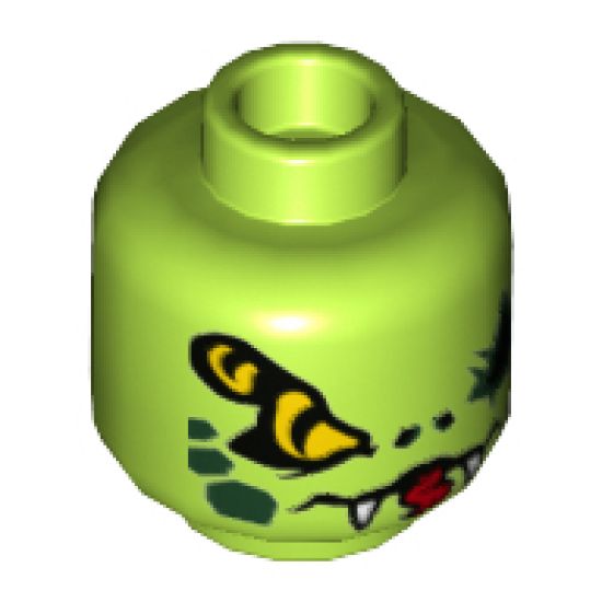 Minifigure, Head Alien with Yellow Snake Eyes and Mouth with Fangs, Dark Green Scales on Cheeks Pattern - Hollow Stud