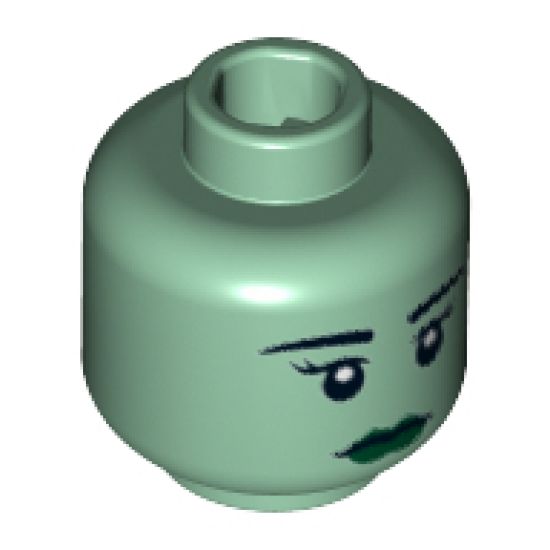 Minifigure, Head Female with Black Eyebrows, Eyelashes, White Pupils, Dark Green Lips Pattern - Hollow Stud (Lady Liberty)