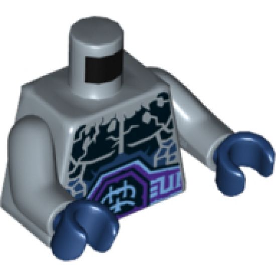 Torso Nexo Knights Bare Chest with Black Cracks, Dark Bluish Gray Scales, Dark Purple and Light Blue Belt Pattern / Sand Blue Arms / Dark Blue Hands