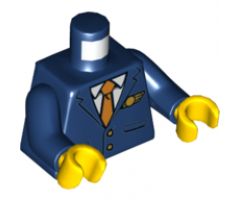 Torso Suit with Pockets over White Shirt, Gold and Dark Orange Striped Tie, Gold Buttons and Logo Pin Pattern / Dark Blue Arms / Yellow Hands