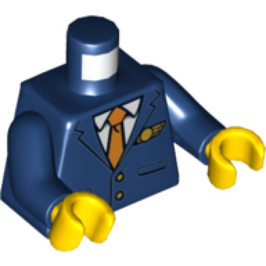 Torso Suit with Pockets over White Shirt, Gold and Dark Orange Striped Tie, Gold Buttons and Logo Pin Pattern / Dark Blue Arms / Yellow Hands