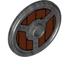 Minifigure, Shield Round with Stud and Ring Around Edge with Rivets and Circular Wood Planking Pattern
