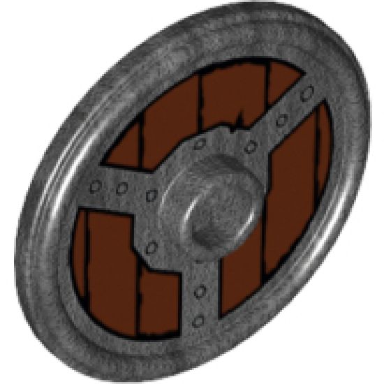 Minifigure, Shield Round with Stud and Ring Around Edge with Rivets and Circular Wood Planking Pattern