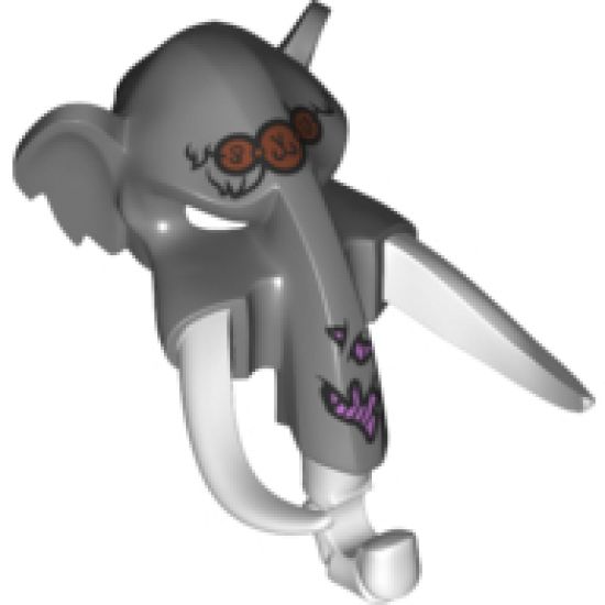Minifigure, Headgear Mask Mammoth with White Rubber Tusks and Trunk with Medium Lavender Sinew Patches on Trunk and Copper Forehead Pendants Pattern