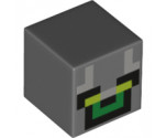 Minifigure, Head, Modified Cube with Minecraft Pixelated Green Face with Yellow Eyes Pattern