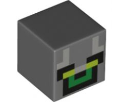 Minifigure, Head, Modified Cube with Minecraft Pixelated Green Face with Yellow Eyes Pattern