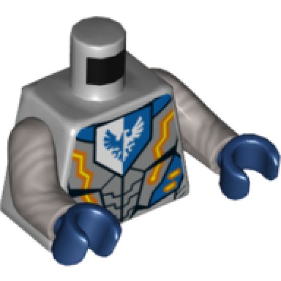 Torso Nexo Knights Armor with Orange and Gold Circuitry and Emblem with Blue Falcon Pattern / Flat Silver Arms / Dark Blue Hands