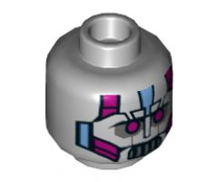Minifigure, Head Alien with Robot Magenta Eyes, Silver Mouth, Medium Blue Line and Metal Plates Pattern - Hollow Stud