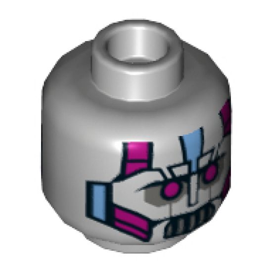 Minifigure, Head Alien with Robot Magenta Eyes, Silver Mouth, Medium Blue Line and Metal Plates Pattern - Hollow Stud