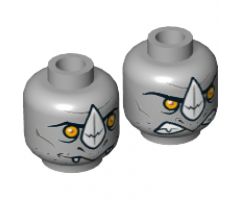 Minifigure, Head Dual Sided Alien Chima Rhinoceros with Orange Eyes and White Horn, Neutral / Angry Pattern (Rogon) - Hollow Stud