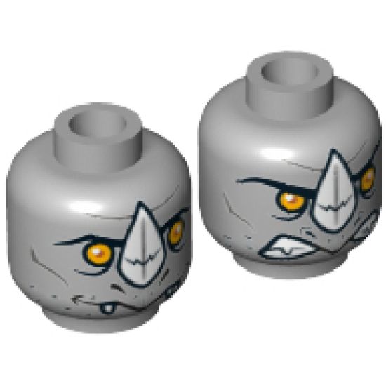 Minifigure, Head Dual Sided Alien Chima Rhinoceros with Orange Eyes and White Horn, Neutral / Angry Pattern (Rogon) - Hollow Stud