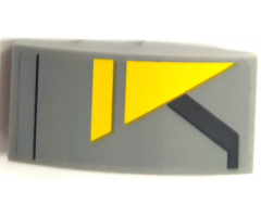 Slope, Curved 4 x 2 with Yellow Triangle and Angled Dark Bluish Gray Stripe Pattern Model Right Side (Sticker) - Set 75150