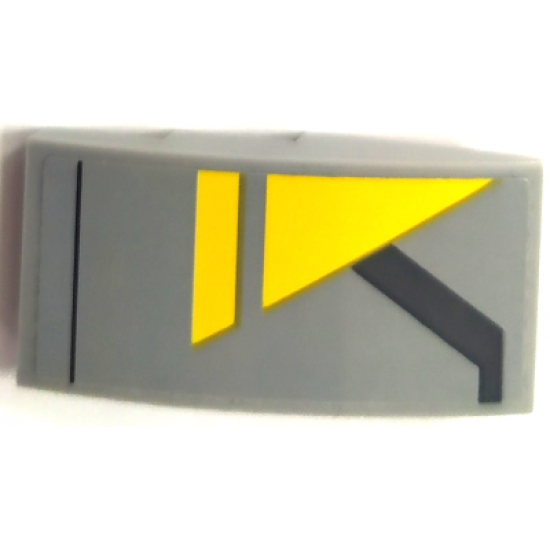 Slope, Curved 4 x 2 with Yellow Triangle and Angled Dark Bluish Gray Stripe Pattern Model Right Side (Sticker) - Set 75150