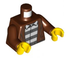 Torso Tweed Jacket Open over Gray and White Striped Shirt with 3 Buttons Pattern / Reddish Brown Arms / Yellow Hands