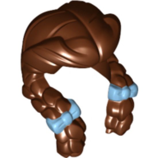 Minifigure, Hair Female Parted in Center, Two Braids Hanging in Front with Bright Light Blue Bows Pattern