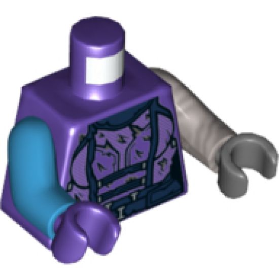 Torso Female Damaged Armor, Dark Blue Belt Pattern / Flat Silver Arm Left / Dark Azure Arm Right / Dark Purple Hand Right / Dark Bluish Gray Hand Left