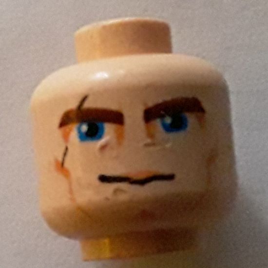 Minifigure, Head Male Brown Thick Eyebrows, Blue Eyes, Scar and Lines Pattern (SW Clone Wars Anakin) - Hollow Stud