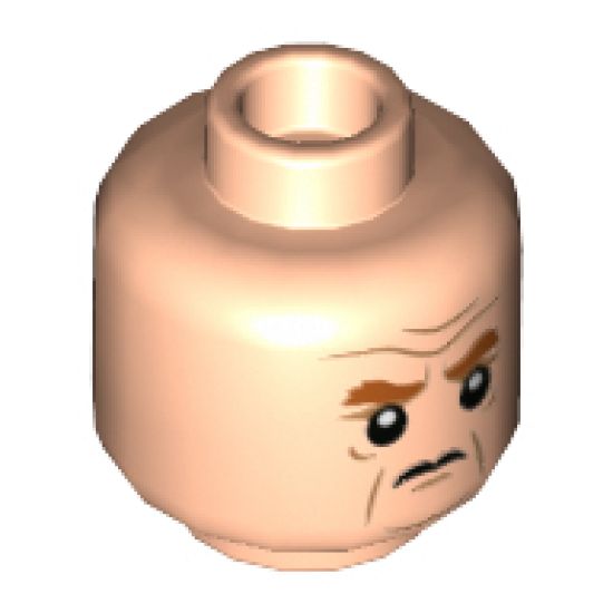 Minifigure, Head Dual Sided Dark Orange Eyebrows, Age Lines, Lopsided Smirk / Scowl Pattern - Hollow Stud