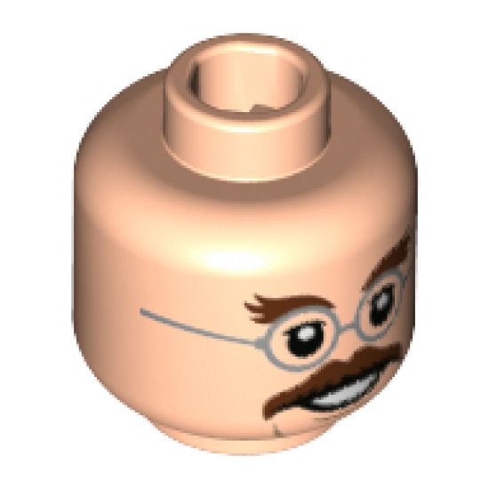 Minifigure, Head Dark Brown Bushy Eyebrows and Moustache, Silver Round Glasses Pattern - Hollow Stud