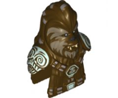 Minifigure, Head, Modified SW Wookiee, Chief Tarfful with Dark Tan Face Fur, Teeth and Silver Hair Ornaments Pattern