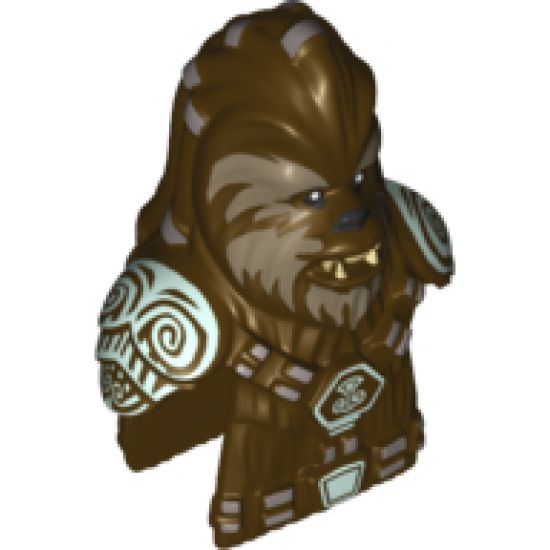 Minifigure, Head, Modified SW Wookiee, Chief Tarfful with Dark Tan Face Fur, Teeth and Silver Hair Ornaments Pattern