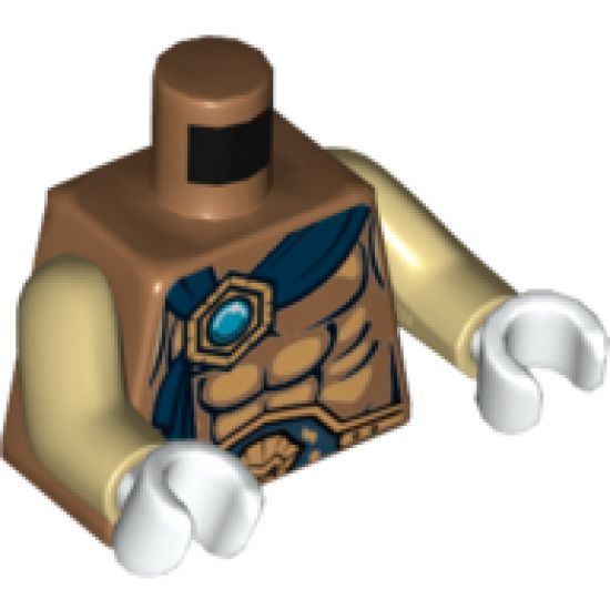 Torso Bare Chest, Belt, Dark Blue Wrap with Gold and Blue Round Jewel (Chi) Pattern / Tan Arms / White Hands