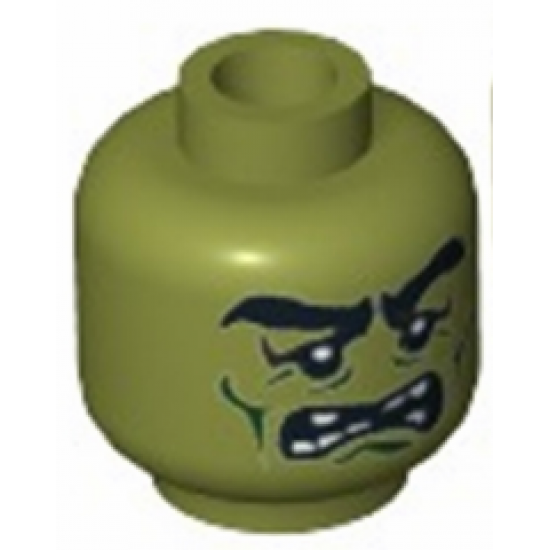 Minifigure, Head Alien with Monster with Thick Eyebrows, Green Facial Lines, Open Mouth Missing Teeth Pattern - Hollow Stud