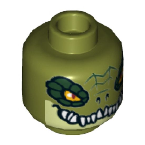 Minifigure, Head Alien Chima Crocodile with Dark Green Rimmed Eyes, Teeth and Yellowish Green Lower Jaw Pattern - Hollow Stud