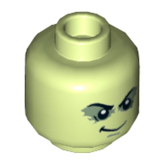 Minifigure, Head Male Black Bushy Eyebrows, Shadowed Eyelids, White Pupils, Smirk Pattern - Hollow Stud