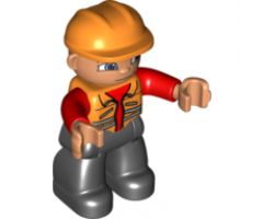 Duplo Figure Lego Ville, Male, Black Legs, Orange Vest, Orange Construction Helmet